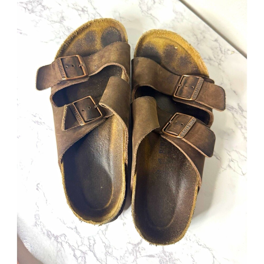 Birkenstock Arizona Men’s US 9 Brown Leather Slide Sandals Adjustable Buckle